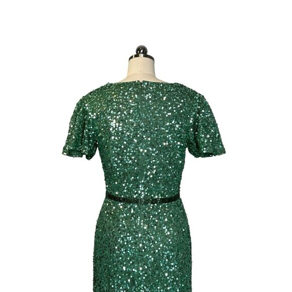 Mac Duggal Green Sequin Wrap Over Butterfly Sleeve Gown | 8 - Picture 8 of 11